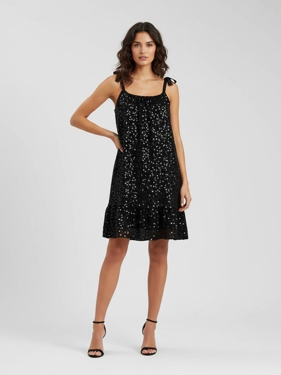 Chelsea & Violet Dresses & Skirts - Chelsea & Violet Black Sequin Shift Trapeze Mini Dress Tie Straps Size Medium